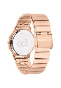 Roségoldene Edelstahl-Uhr mit einem Gliederarmband-Design, achteckigem Gehäuse und einem transparenten Rücken, der die mechanischen Details zeigt.