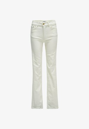 Jean droit blanc taille haute avec fermeture par bouton et fermeture éclair, poches avant et arrière, présenté sur un fond blanc uni.