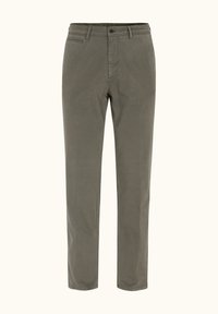 Olivengrüne Baumwollhosen mit einem eleganten Design, ausgestattet mit einem Knopf- und Reißverschluss, seitlichen Taschen und einer glatten Textur.