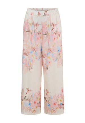 Kremfarvede bukser med vide ben og elastisk talje, med et pastelfarvet blomster- og kolibritmønster i rosa, blå og gule nuancer.