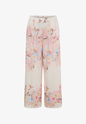Kremfarvede bukser med vide ben og elastisk talje, med et pastelfarvet blomster- og kolibritmønster i rosa, blå og gule nuancer.