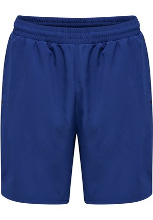 Blaue Herren-Shorts mit elastischem Bund und Seitentaschen, aus glattem, leichtem Stoff, knielang und geeignet für Sport oder Freizeitkleidung.