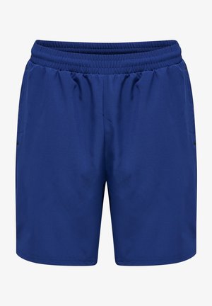 Short bleu pour homme avec taille élastique et poches latérales, fabriqué en tissu léger et lisse, longueur genou, adapté au sport ou à une tenue décontractée.