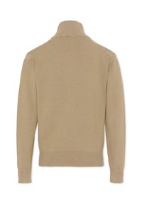 Pull en tricot beige avec un col montant, des manches longues, des poignets et un ourlet côtelés. Texture lisse et design minimaliste. Vue arrière affichée.