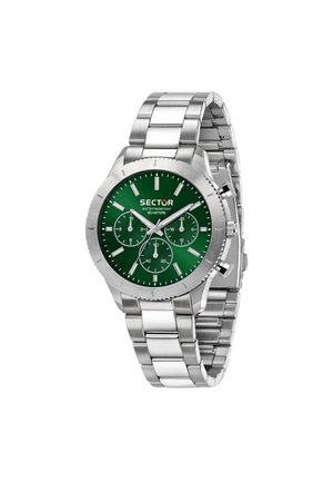 Orologio in acciaio inossidabile argentato con quadrante verde texturizzato, display della data, sub-quadranti per cronografo e bracciale in metallo lucido. Impermeabile fino a 50 metri.