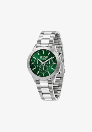 Orologio in acciaio inossidabile argentato con quadrante verde texturizzato, display della data, sub-quadranti per cronografo e bracciale in metallo lucido. Impermeabile fino a 50 metri.