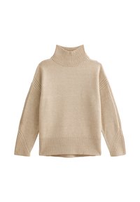 Jersey de punto color beige con cuello alto acanalado, hombros caídos y puños acanalados, que presenta un corte holgado y un acabado texturizado.