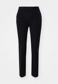 Black tailored trousers with a smooth fabric texture, straight legs, and angled side pockets. Simple waistband with belt loops, no visible patterns.