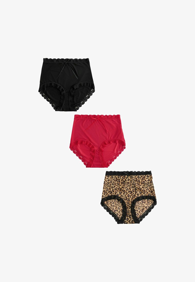 Trois culottes taille haute pour femmes avec bordure en dentelle : noir, rouge et imprimé léopard avec des accents en dentelle noire, disposées verticalement sur fond blanc.