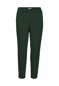 Pantalons verts ajustés avec une ceinture élastique, jambes fuselées et poches latérales. Fabriqués en tissu lisse pour un look propre et soigné.