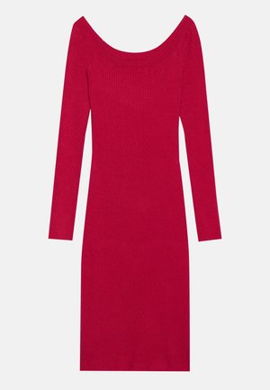 Hladké šaty bez ramienok v jasne červenej farbe, s dlhými rukávmi a priliehavým strihom. Vyrobené z mäkkého, elastického materiálu.