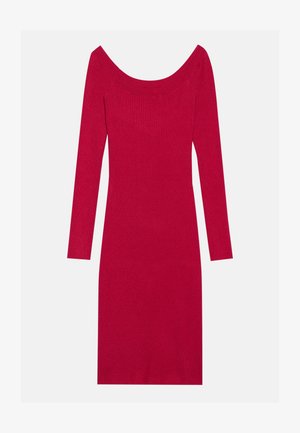 Hladké šaty bez ramienok v jasne červenej farbe, s dlhými rukávmi a priliehavým strihom. Vyrobené z mäkkého, elastického materiálu.