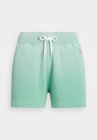 Mint green shorts made of soft cotton blend, featuring an elastic waistband, white drawstring, and a small red logo accent.