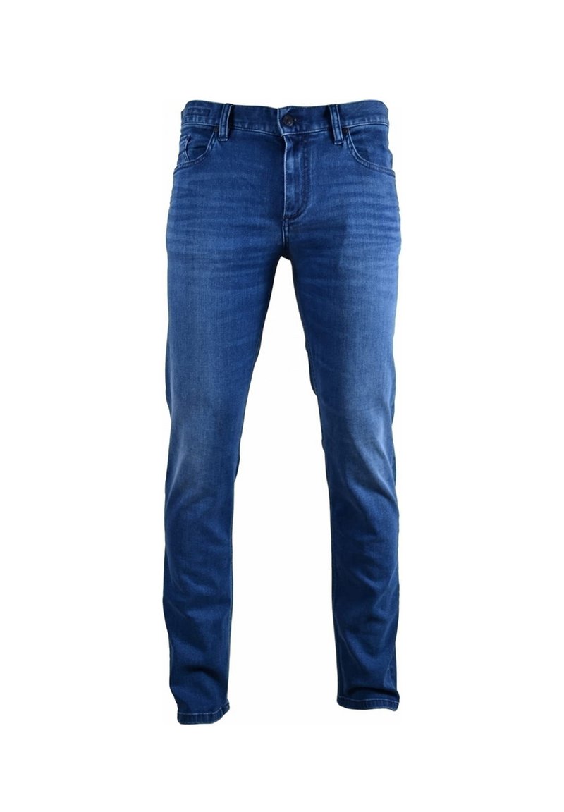 Blue denim jeans, medium wash with slight fading, straight-leg design, five pockets, and a button and zipper closure. Cotton material.