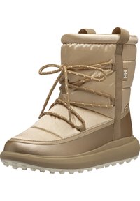 Beige voděodolná bota s polstrovaným svrškem, texturovanou gumovou podrážkou a kontrastním detailem tkaniček. Obsahuje poutko pro snadné obouvání.