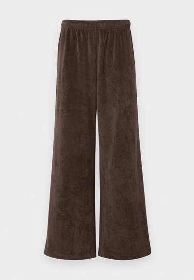 Bruine wijde broek van zachte stof, met een elastische tailleband en een gladde textuur, schuine zijnaad, geen patronen of bevestigingsmiddelen.