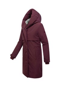 Maroon parka jacket with a large, foldable hood, zipper closure, side pockets, and ribbed cuffs. Smooth, weather-resistant fabric.