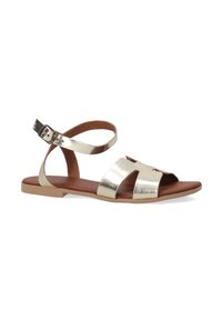 Metalen gouden sandalen met gekruiste banden, een gesp om de enkel en een vlakke bruine zool. Glad oppervlak en open ontwerp voor ademend vermogen.