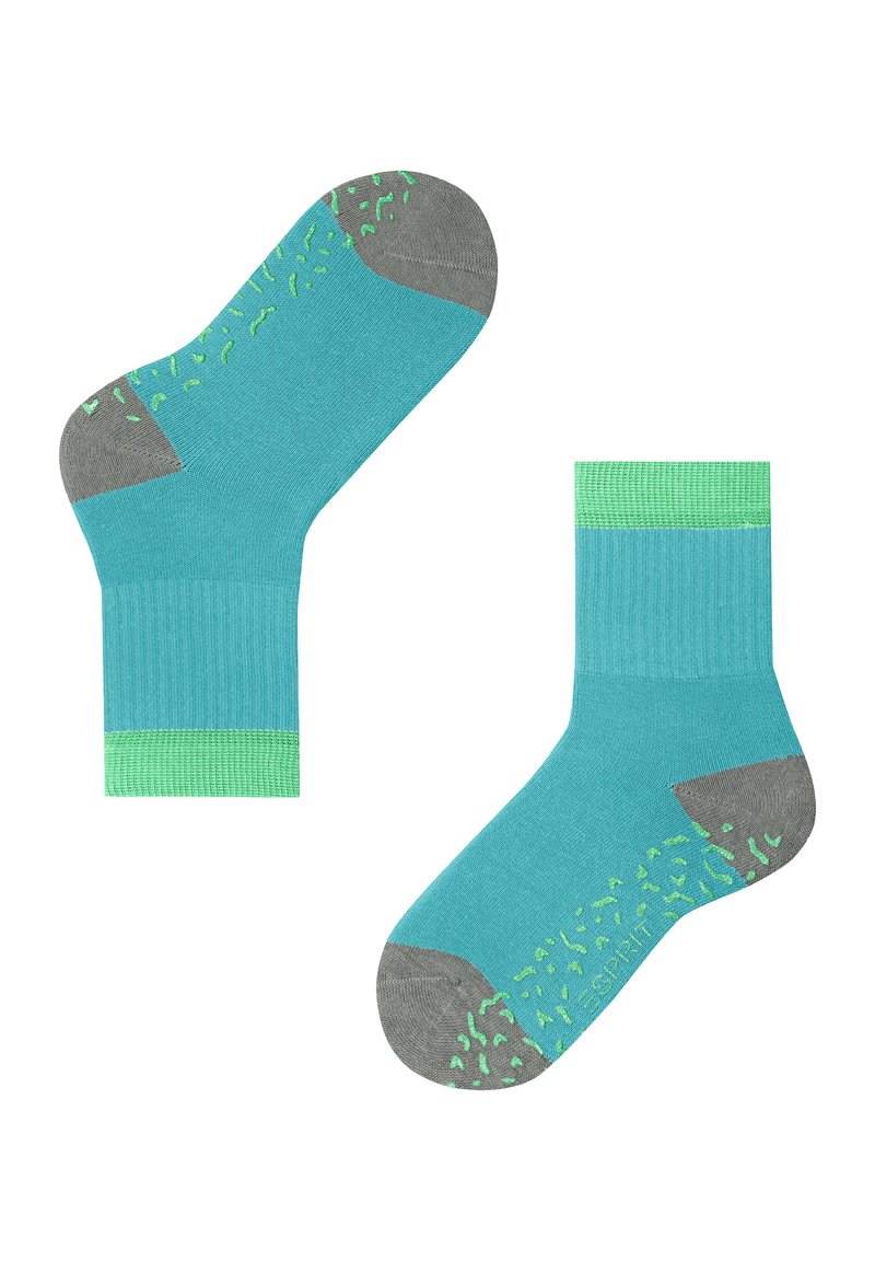 Türkise Baumwollsocken mit grauem Zeh und Ferse, die ein strukturiertes Grip-Design in Limettengrün und einen gerippten Bund aufweisen.