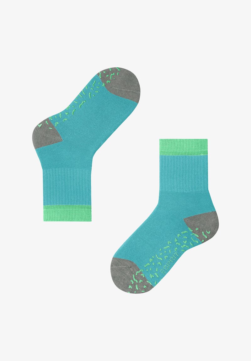 Türkise Baumwollsocken mit grauem Zeh und Ferse, die ein strukturiertes Grip-Design in Limettengrün und einen gerippten Bund aufweisen.