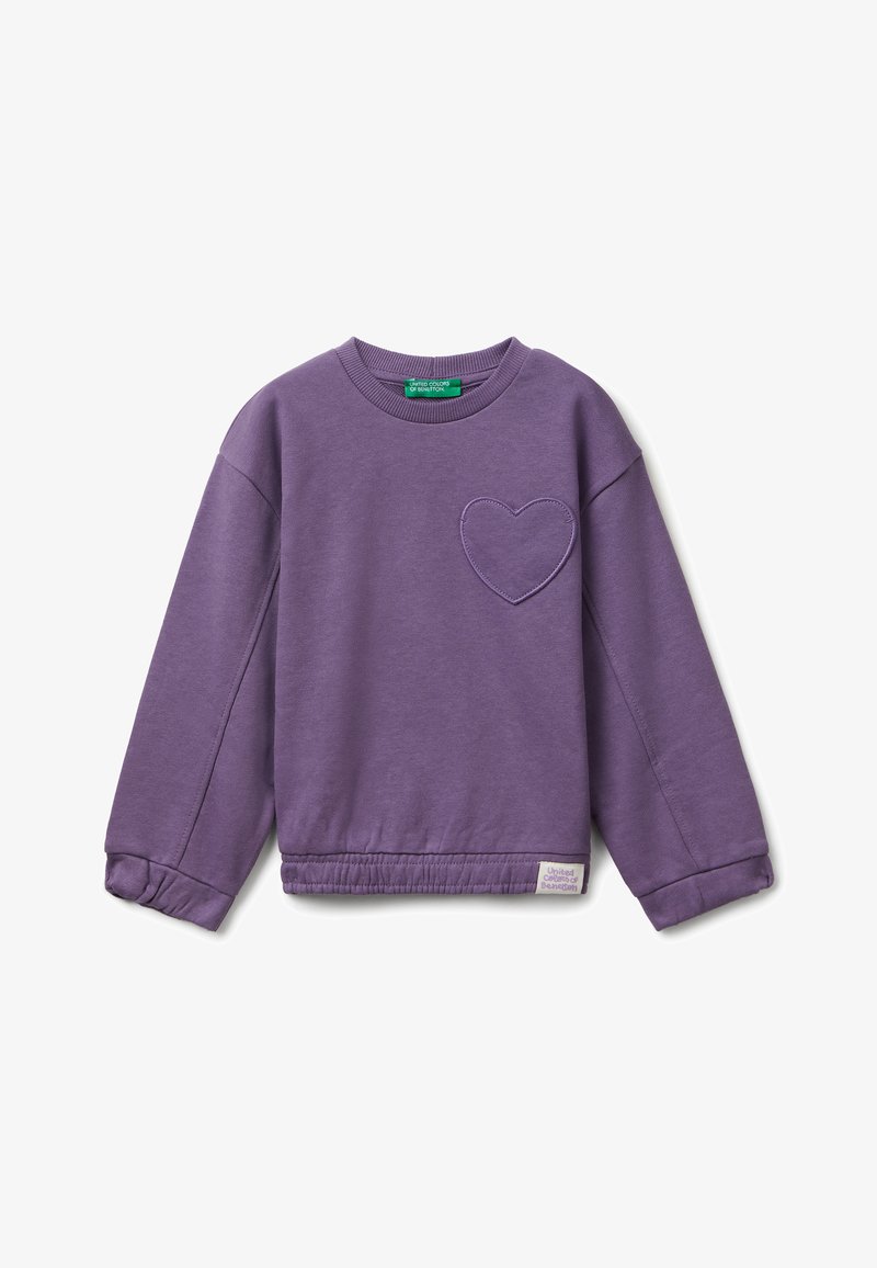 Felpa viola con maniche lunghe, scollo a costine e orlo, presenta un dettaglio a forma di cuore ricamato sul petto e un'etichetta con logo in basso.