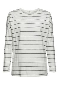 T-shirt a maniche lunghe, bianco con strisce orizzontali grigie, scollatura rotonda e vestibilità comoda. Realizzato in tessuto morbido con una consistenza liscia.