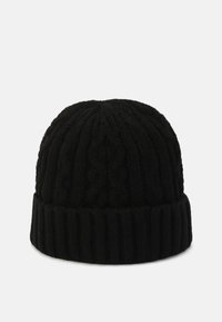 Black knitted beanie with cable knit pattern and folded ribbed cuff, displayed against a plain light background.