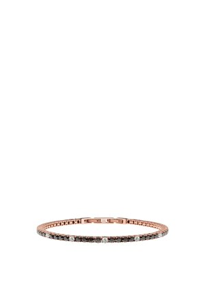 Bracciale in oro rosa con gemme nere e trasparenti alternate. Il design delicato presenta una catena a maglie e un meccanismo di chiusura sicuro.