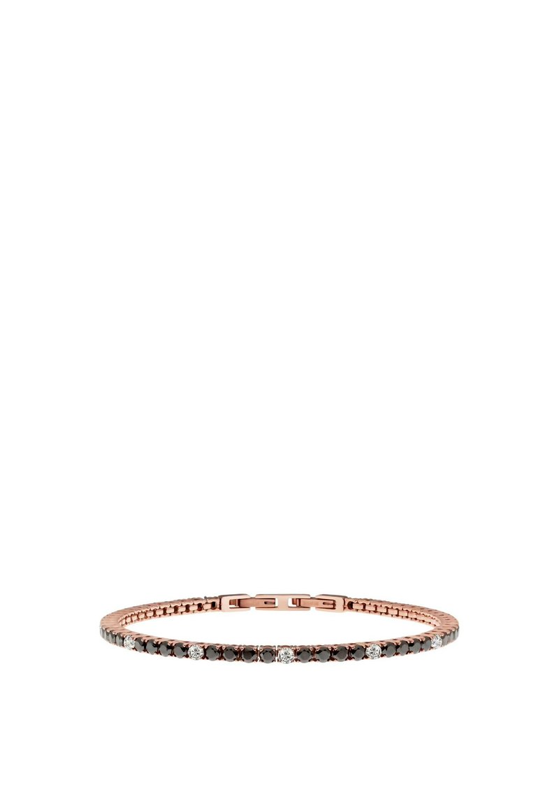 Bracciale in oro rosa con gemme nere e trasparenti alternate. Il design delicato presenta una catena a maglie e un meccanismo di chiusura sicuro.