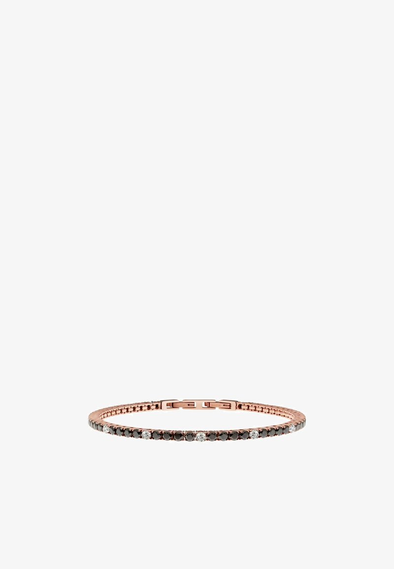 Bracciale in oro rosa con gemme nere e trasparenti alternate. Il design delicato presenta una catena a maglie e un meccanismo di chiusura sicuro.