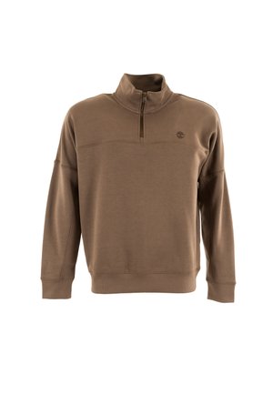 Felpa marrone con zip fino al collo, realizzata in tessuto morbido, caratterizzata da un colletto alto, una vestibilità rilassata e un logo ricamato sul petto.