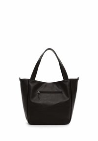 Zwarte leren draagtas met een gestructureerde vorm, twee korte handvatten en een voorvak met rits. Gladde textuur en minimalistisch ontwerp.