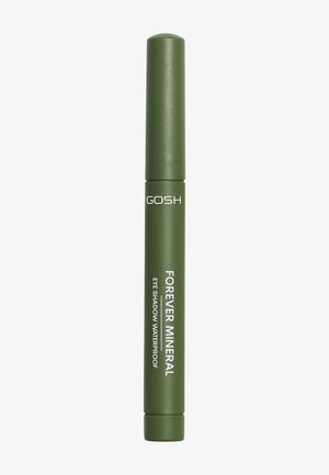 Green cylindrical container for eye shadow, featuring white text that reads "FOREVER MINERAL EYE SHADOW WATERPROOF" on the side.