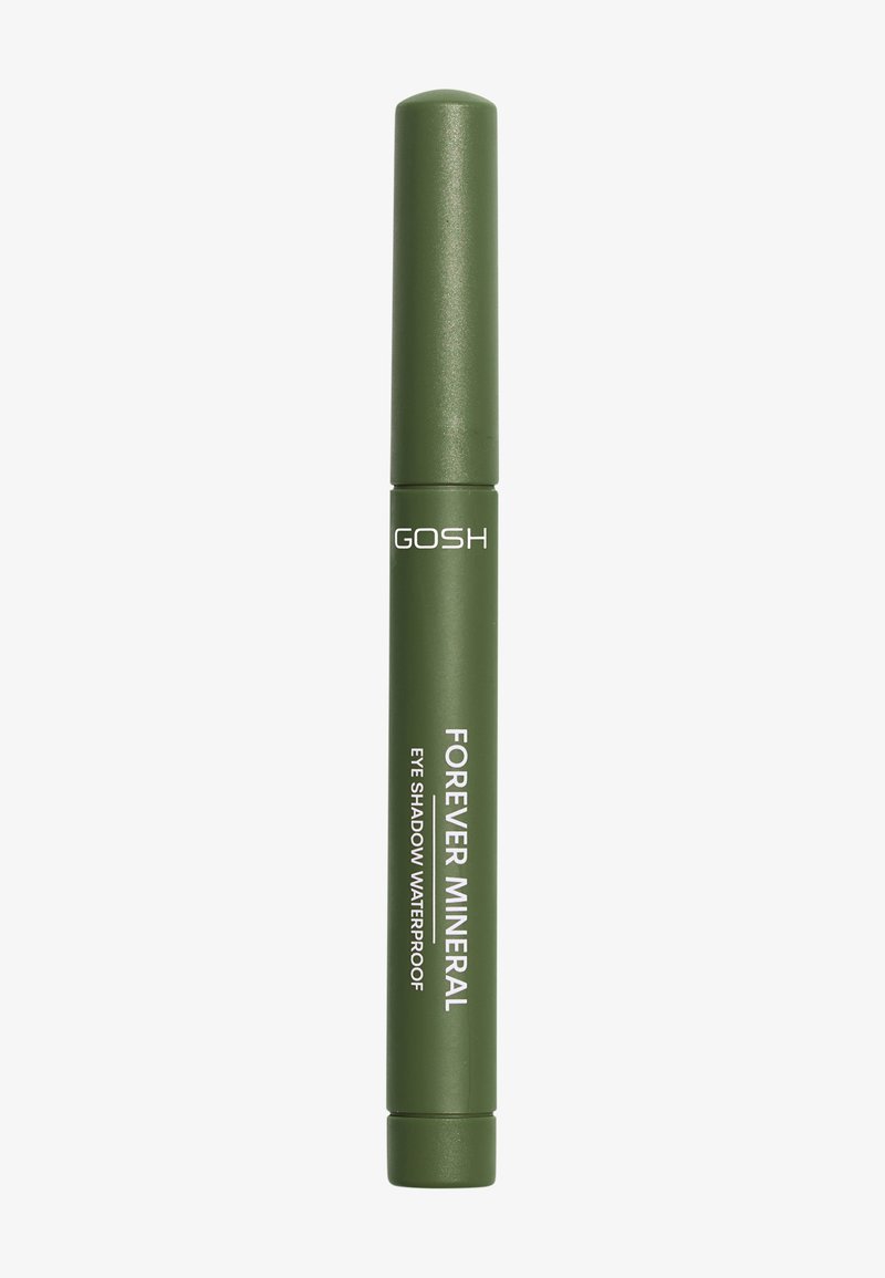 Zielony cylindryczny pojemnik na cień do powiek, z białym napisem "FOREVER MINERAL EYE SHADOW WATERPROOF" po bokach.