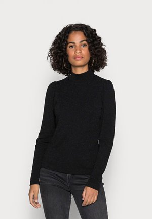 Black long-sleeve turtleneck sweater with a textured pattern. Made of lightweight, sparkly material. Fitted silhouette with a high neck.