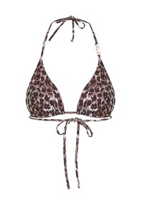 Bikini top s leopardo vzorom v trojuholníkovom tvare, s viazaním na krku a nastaviteľnými viazaniami na zadnej strane pre prispôsobené nosenie.