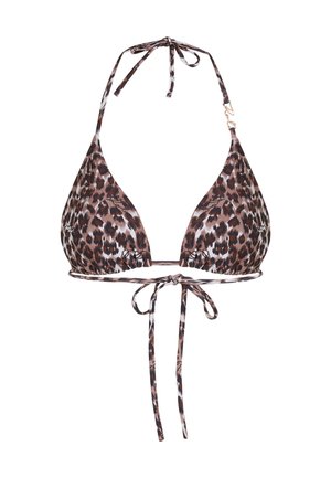 Bikini top i leopardkuosi, jossa on kolmiomainen muoto, kaula-aukossa narut ja säädettävät selkänyöritykset mukautetun istuvuuden saavuttamiseksi.