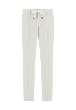 Light grey jogger pants in soft fabric with a drawstring waistband, featuring stitched details and tapered legs.