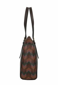 Sac à main en cuir marron avec un motif chevron multicolore. Présente des poignées courtes, un fermoir doré et une forme rectangulaire structurée.
