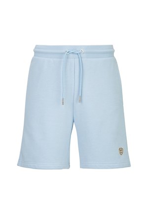 Hellblaue knielange Shorts mit elastischem Bund, Kordelzug und kleinem gesticktem Logo am unteren linken Bein.