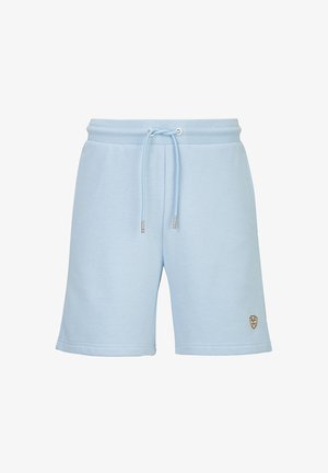 Hellblaue knielange Shorts mit elastischem Bund, Kordelzug und kleinem gesticktem Logo am unteren linken Bein.