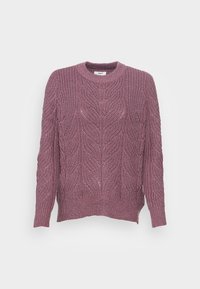 Knitted sweater in mauve with a textured, cable pattern. Features a round neckline and ribbed hem, slightly loose fit.