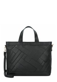 Sac à main en cuir tressé noir avec deux poignées, une bandoulière ajustable et une forme rectangulaire structurée. Texture lisse avec un léger éclat.