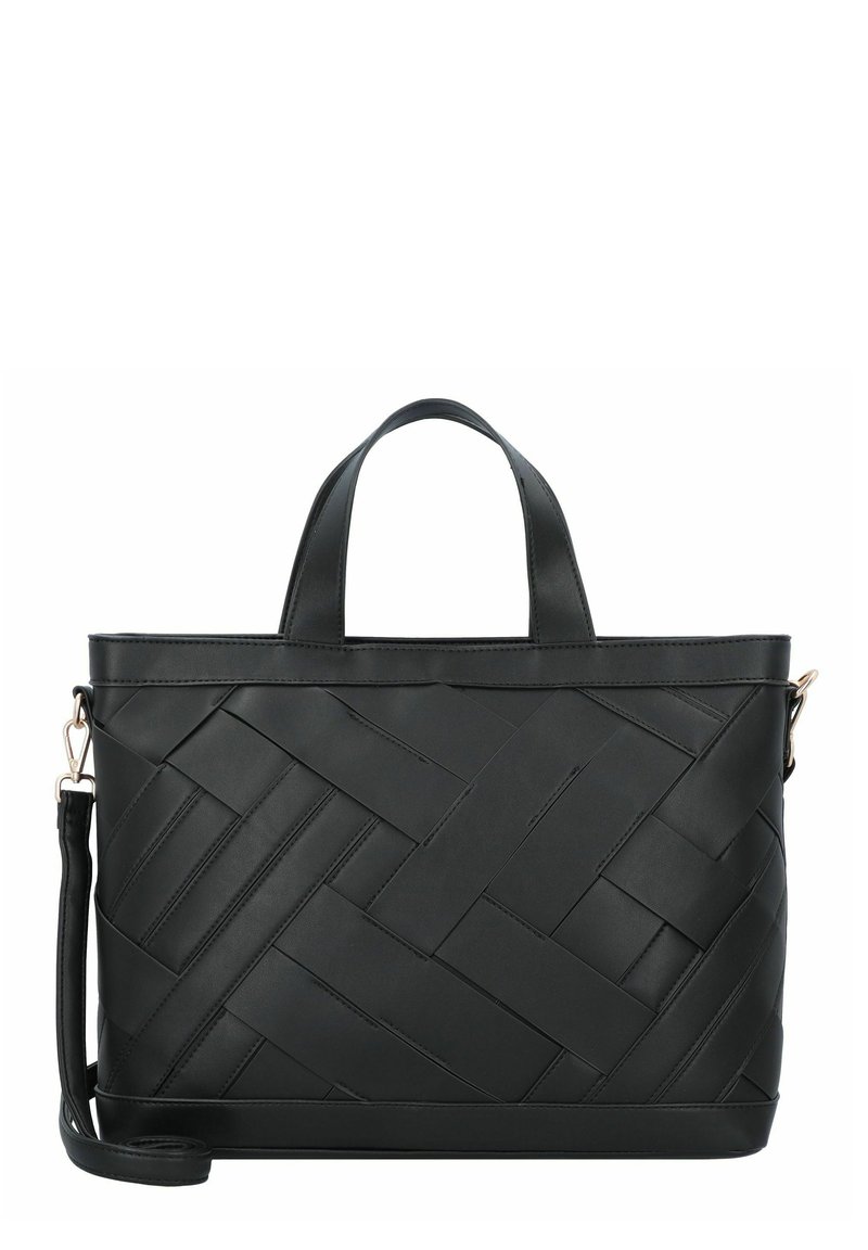 Sac à main en cuir tressé noir avec deux poignées, une bandoulière ajustable et une forme rectangulaire structurée. Texture lisse avec un léger éclat.