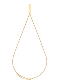 Collana tono oro con un pendente rettangolare piatto sospeso a una fine catena, dotata di chiusura a moschettone e lunghezza regolabile.