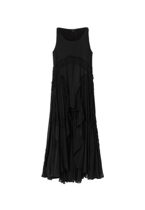 Zwarte mouwloze maxi-jurk met gelaagde, gerimpelde stof en asymmetrische zoom.