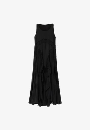 Zwarte mouwloze maxi-jurk met gelaagde, gerimpelde stof en asymmetrische zoom.