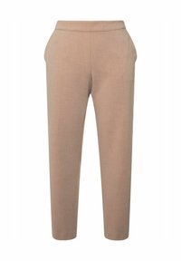 Pantaloni beige su misura con vita aderente, gambe dritte e tessuto testurizzato. Presentano tasche laterali e un design pulito e minimalista.