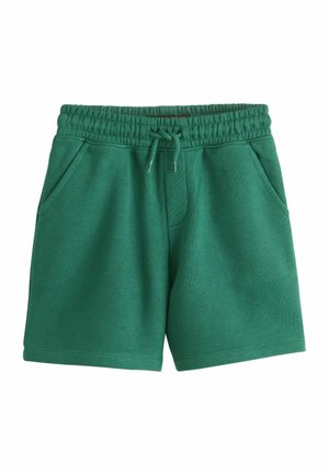 Green elastic waist shorts with drawstring and side pockets, made of soft fabric, suitable for casual wear.