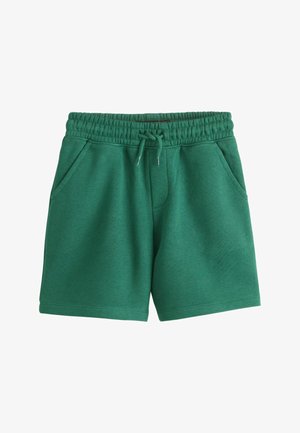 Vihreät joustavat vyötäröshortsit kiristysnauhalla ja sivutaskuilla, valmistettu pehmeästä kankaasta, sopivat rentoon käyttöön.